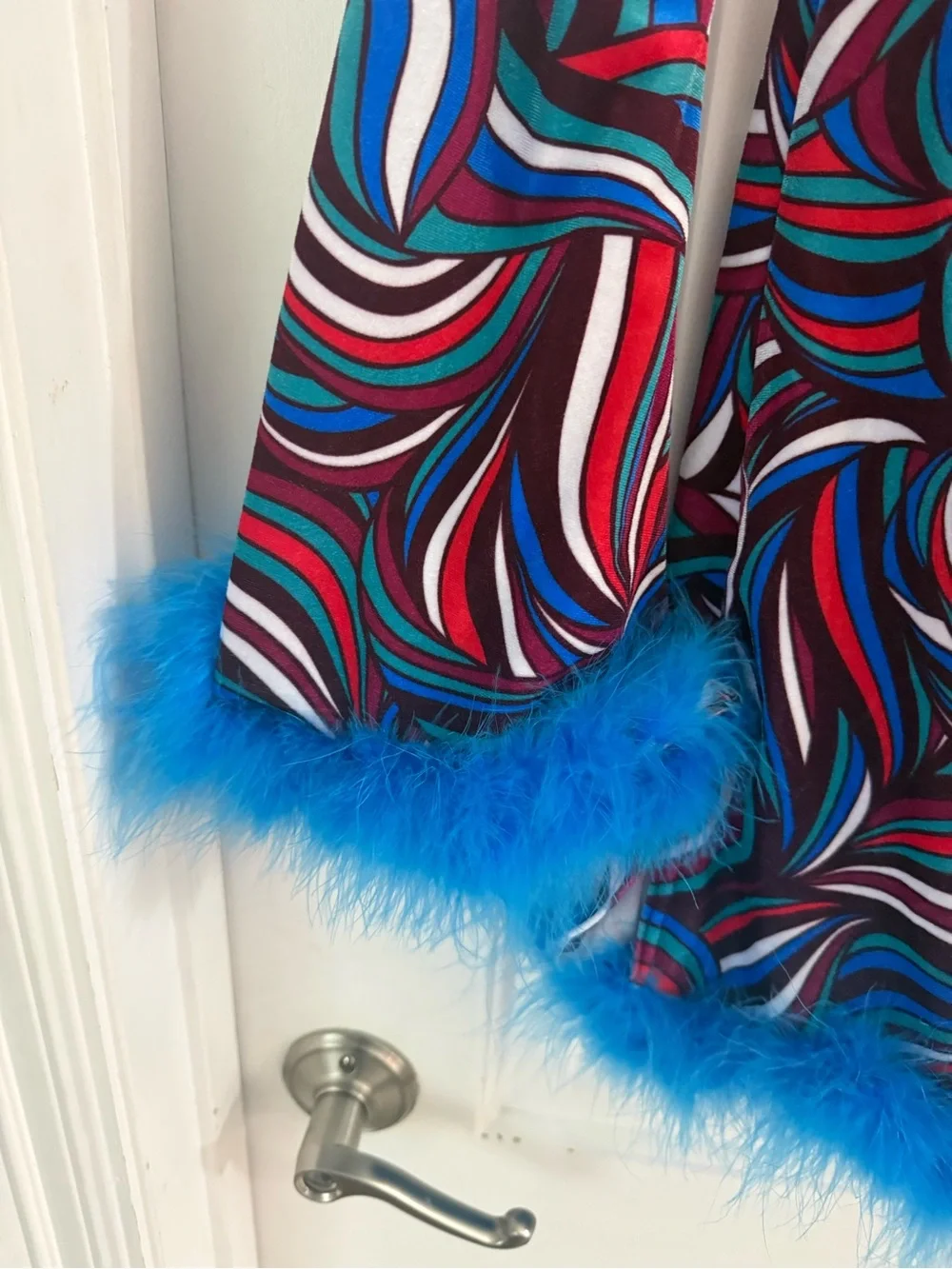 Weissman Multicolor Swirl Dress with Blue Feather Trim and Headband